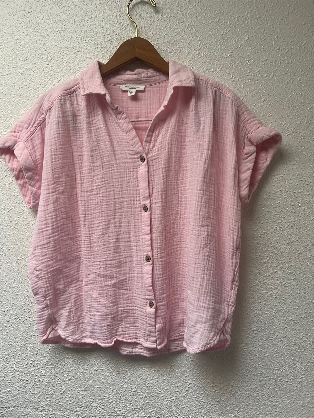 beachlunchlounge Pale Pink Gauze Button-Front Boxy Shirt 100% Cotton